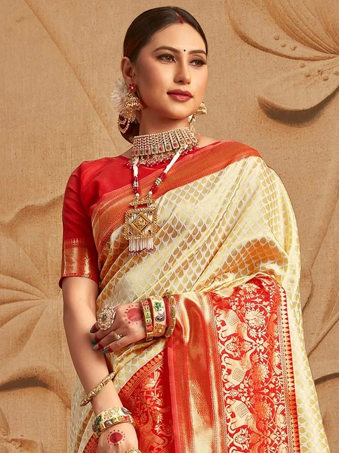 Saree Mall Off-White & Red Woven Saree With Unstitched Blouse 
