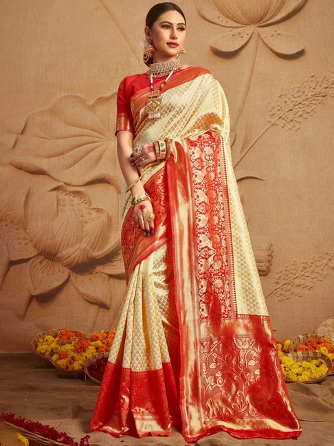 Saree Mall Off-White & Red Woven Saree With Unstitched Blouse