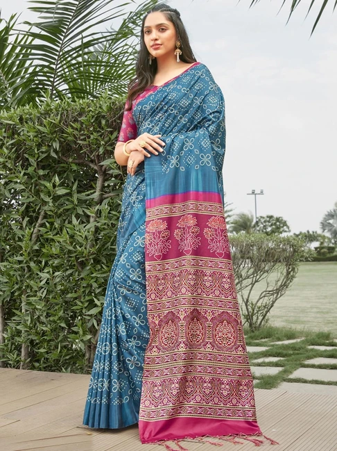 Saree Mall Blue Printed Saree With Unstitched Blouse