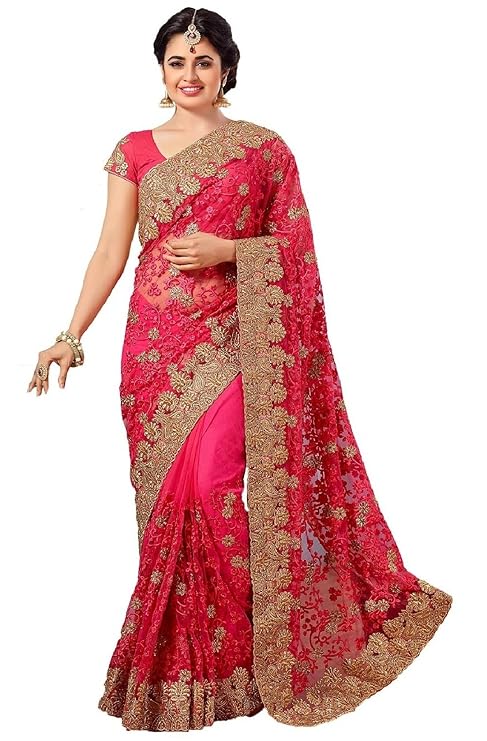Nivah Fashion Women's Net Embroidery Stone Work Saree With Blouse Piece