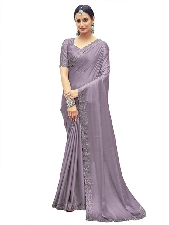 Satrani Women's Satin Silk Hot Fixing Party Wear Saree with Unstitched Blouse Piece